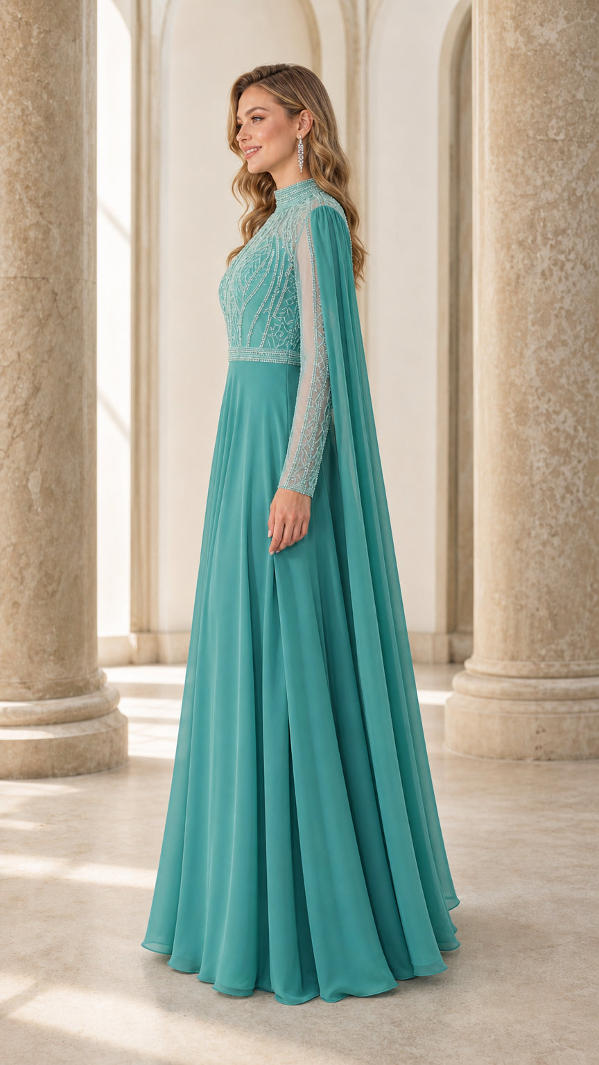 Side profile view of teal evening dress