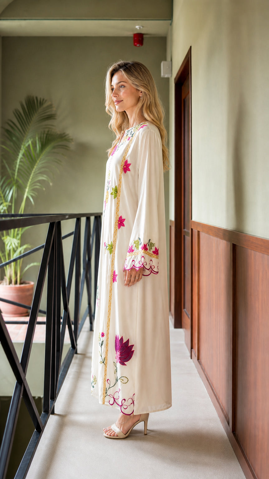 Model wearing Ivory floral embroidered maxi kaftan dress, side profile