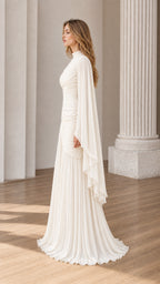 Side profile view of Ivory formal maxi dress