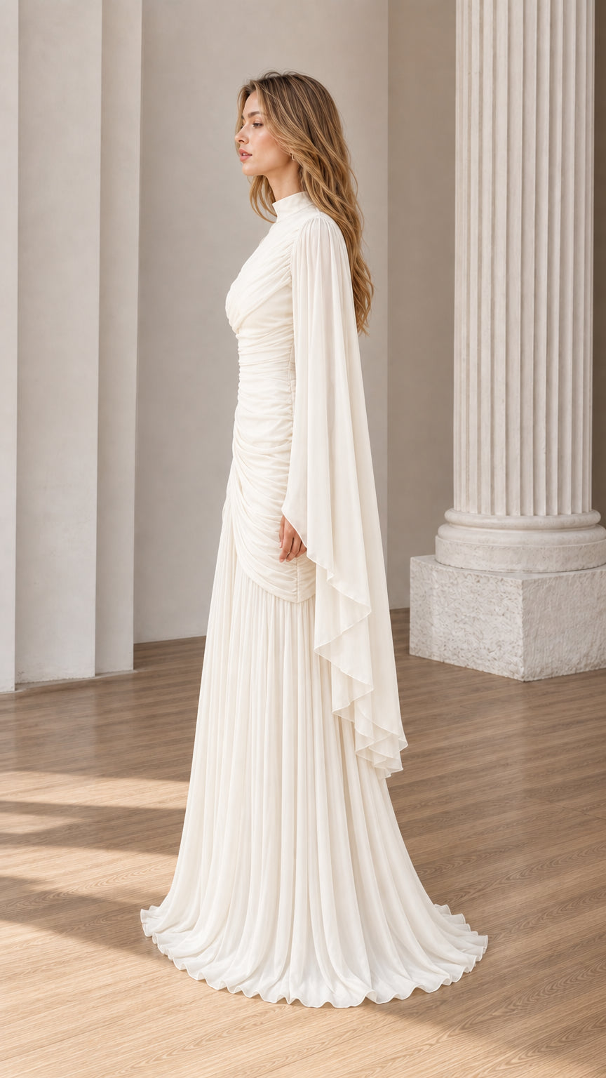Side profile view of Ivory formal maxi dress