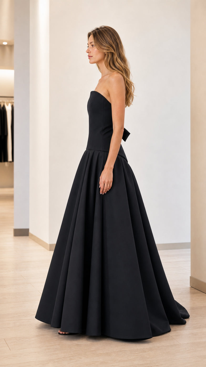 Side profile view of black evening gown