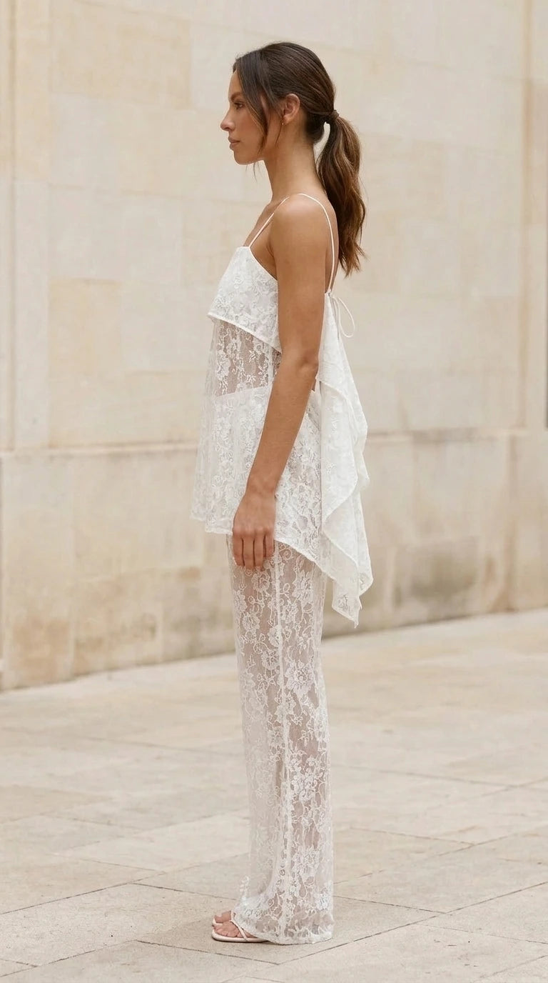 Side profile of model in white lace two-piece set showing back overlay