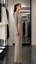 Side profile view of champagne sequined gown