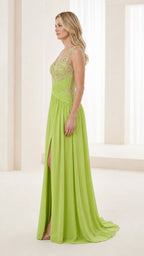 Side profile view of lime green evening gown showing flowing chiffon skirt
