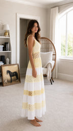 Side view of white tiered crochet maxi dress