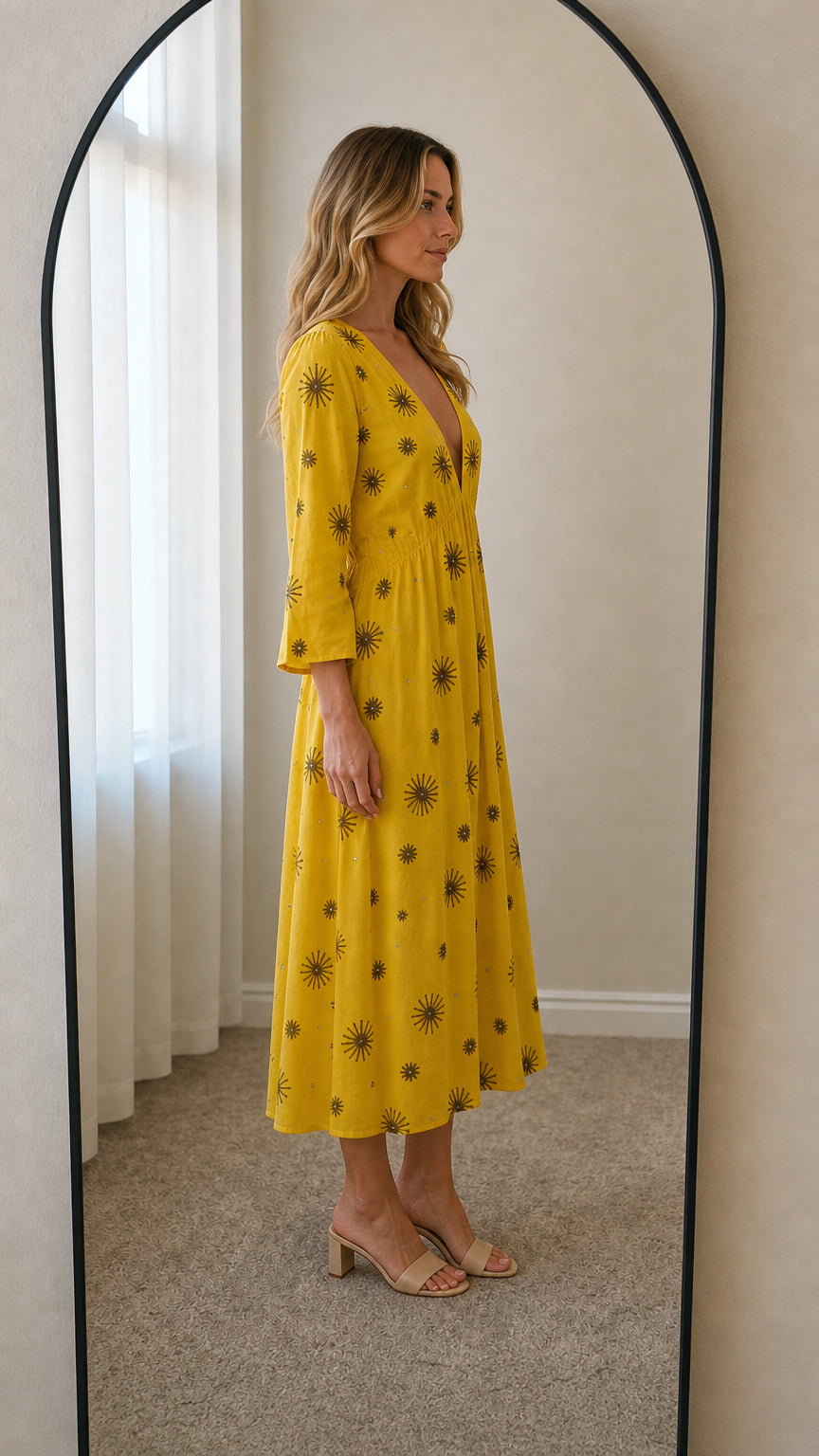 Side profile view of yellow midi dress