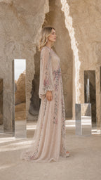 Side profile view of Champagne evening gown