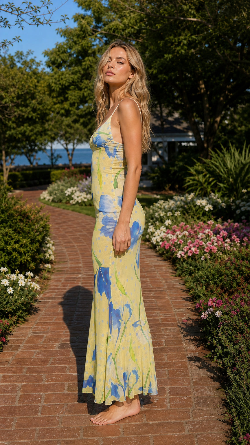 Side view of yellow floral slip maxi dress