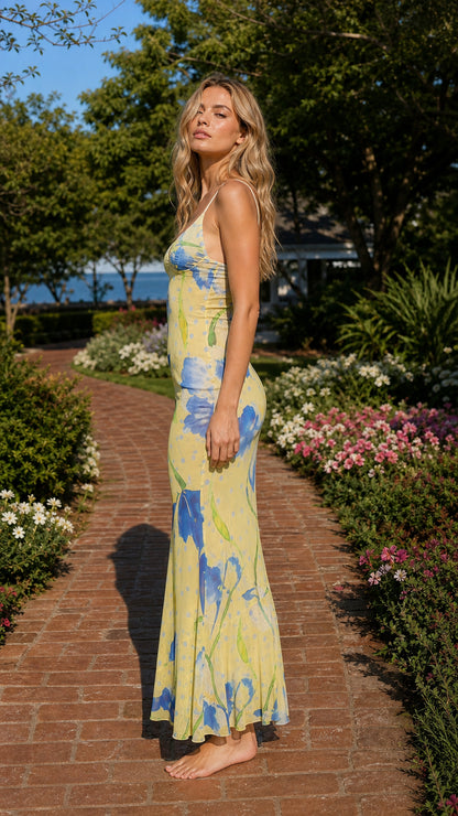Side view of yellow floral slip maxi dress