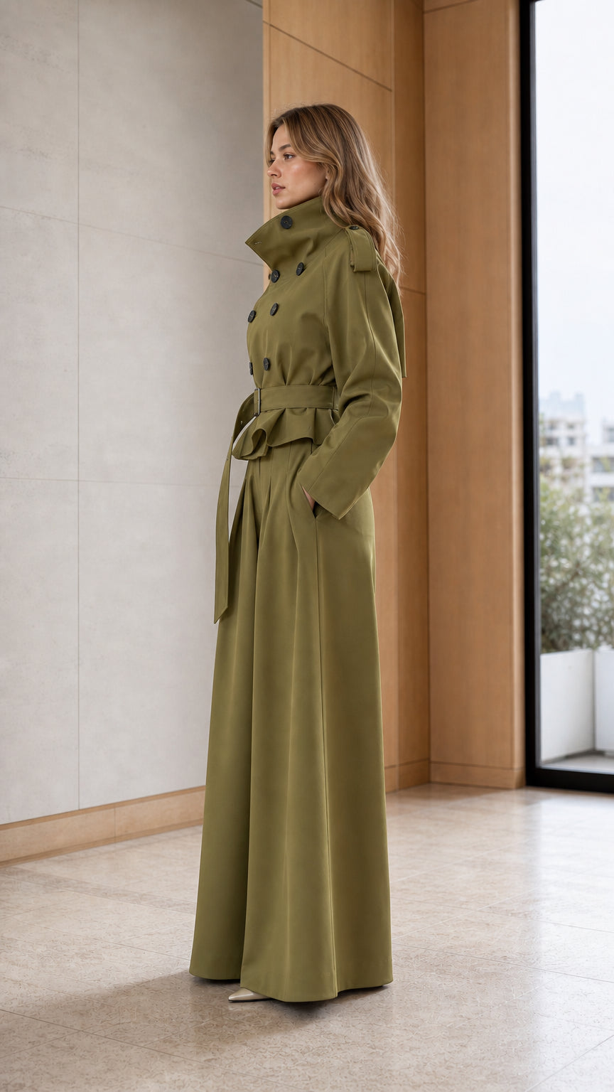 Side profile of woman in khaki two-piece trench set