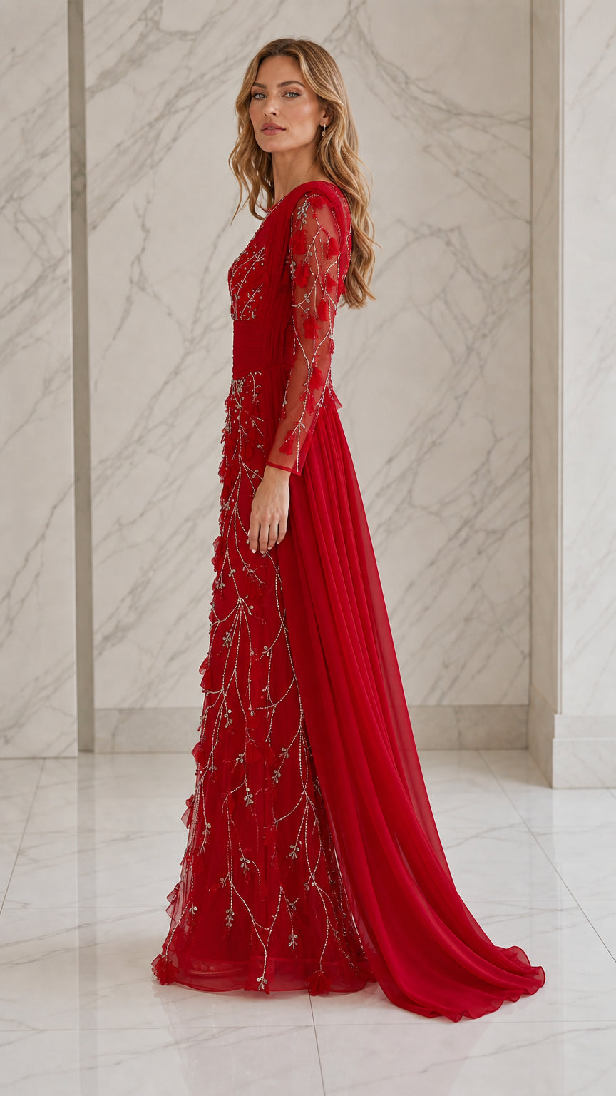 Side profile view of the red evening gown