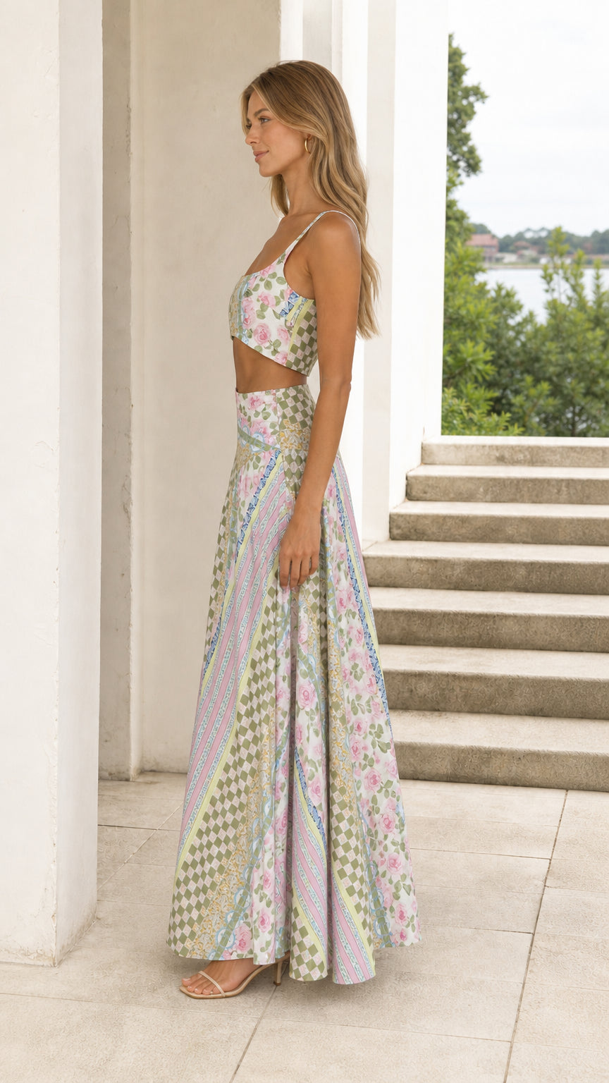 Side profile of model in sage green two-piece set