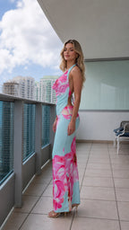 Side profile view of Light Blue floral maxi dress