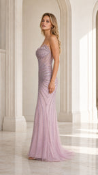 Side profile of model wearing lavender evening gown