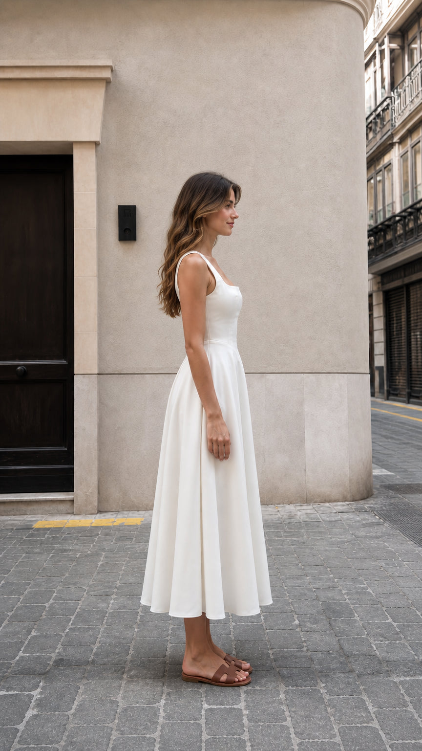 Side profile of woman wearing white midi dress