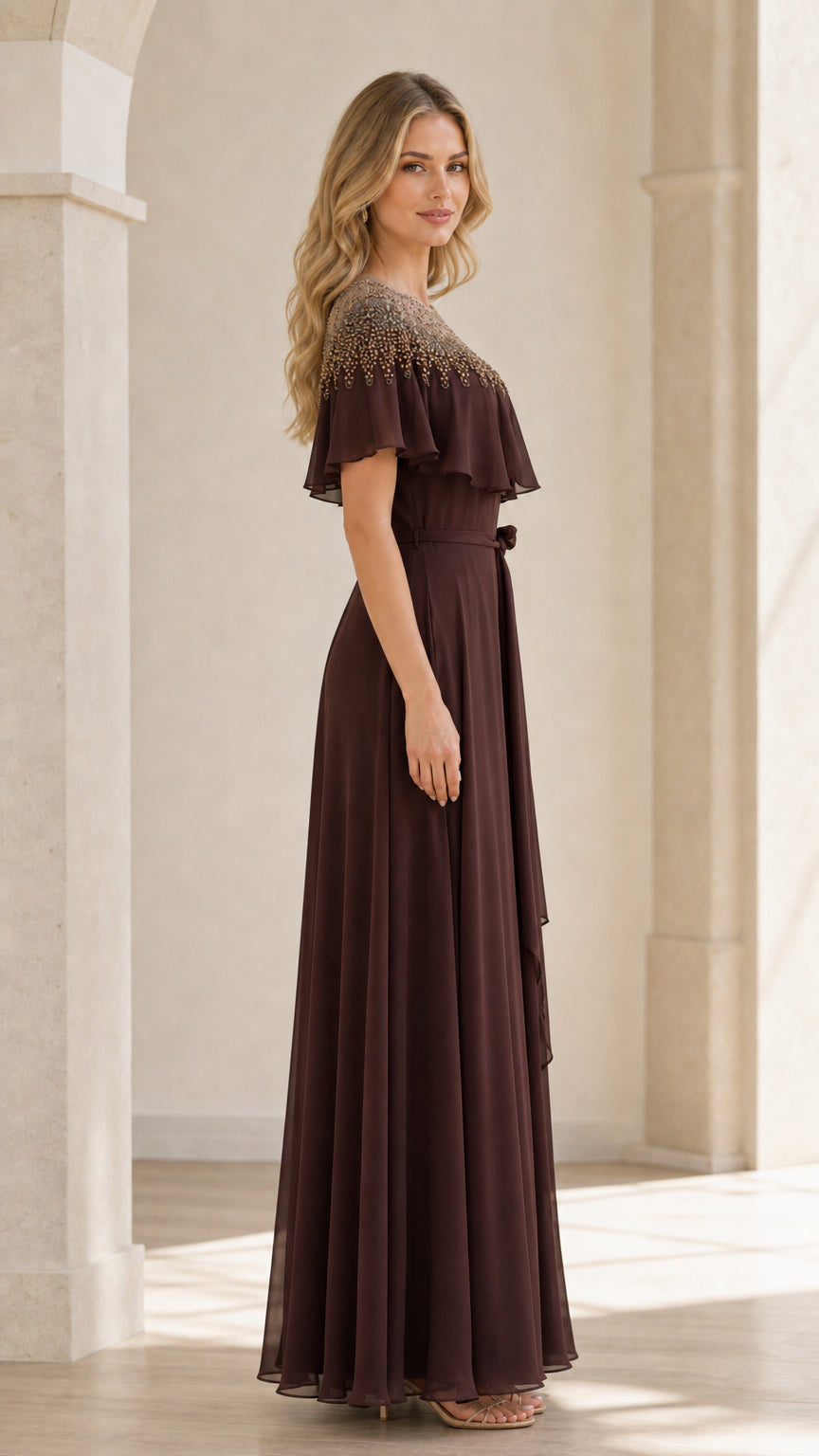 Side profile view of brown evening gown
