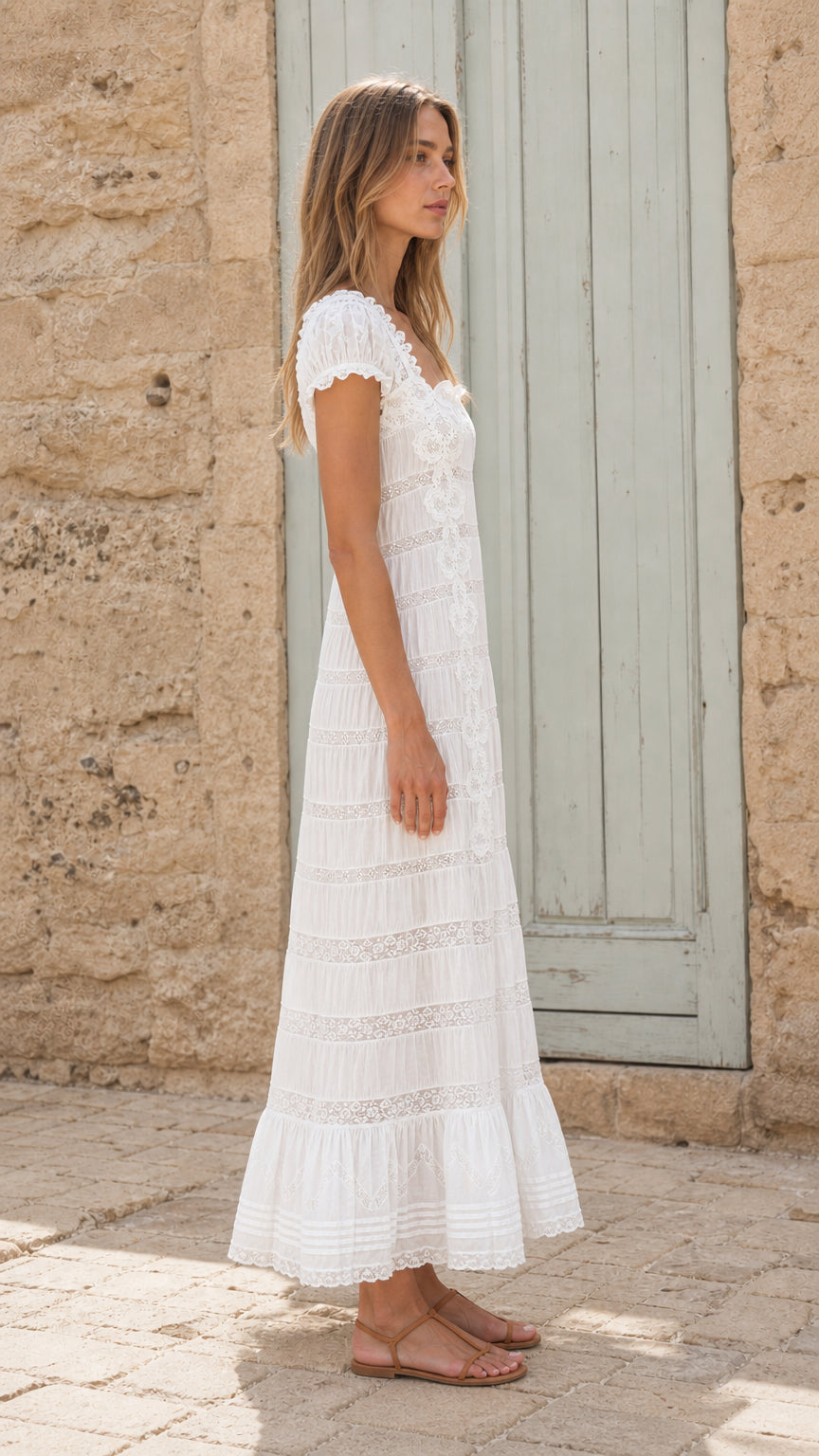 Side view of woman wearing white lace maxi dress