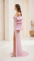 Side profile view of pink evening dress with sheer puff sleeves