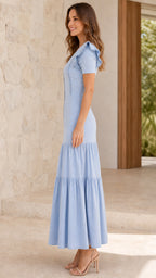 Side profile view of Light Blue tiered maxi dress