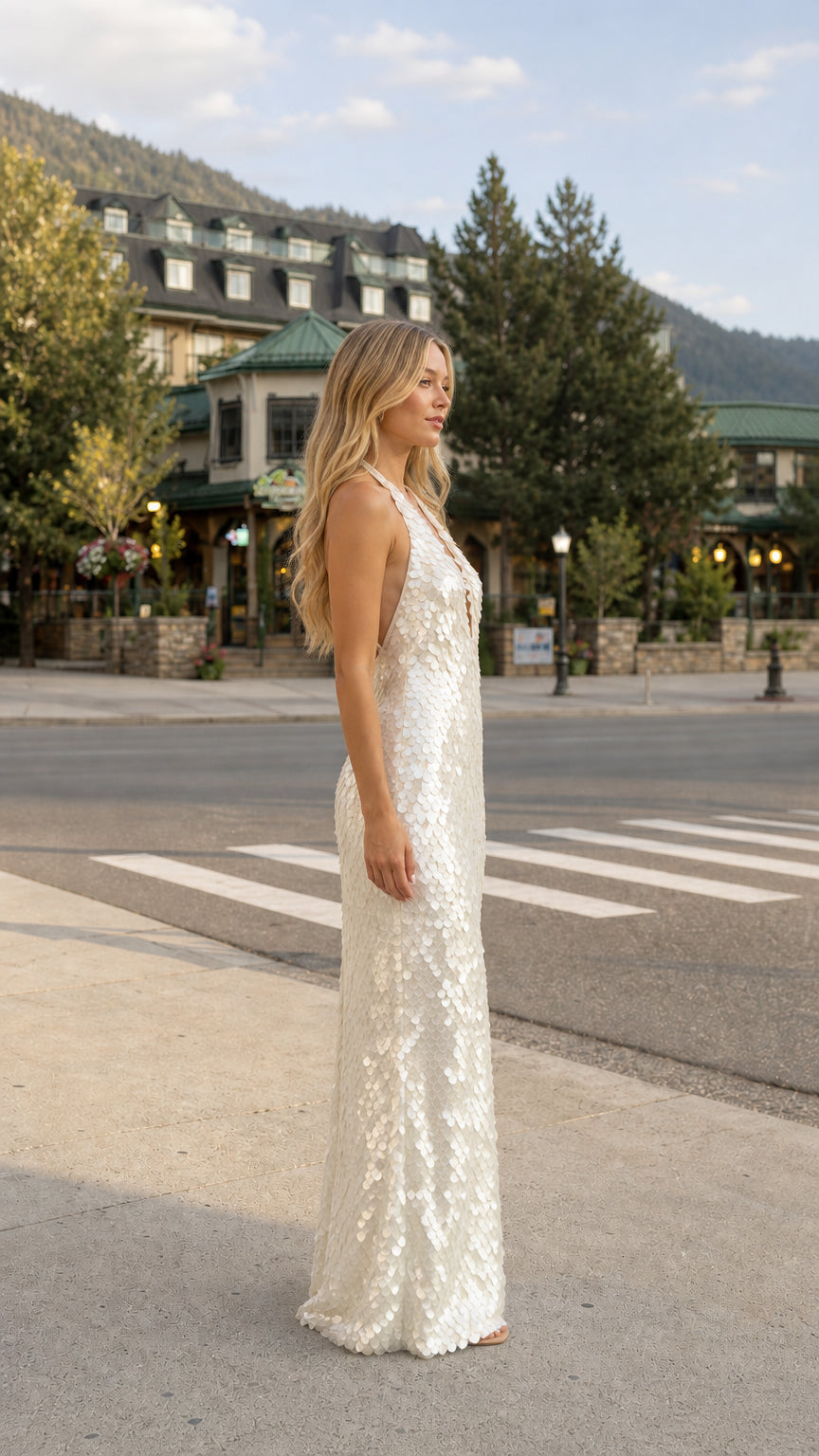 Side profile of woman in white sequin evening dress