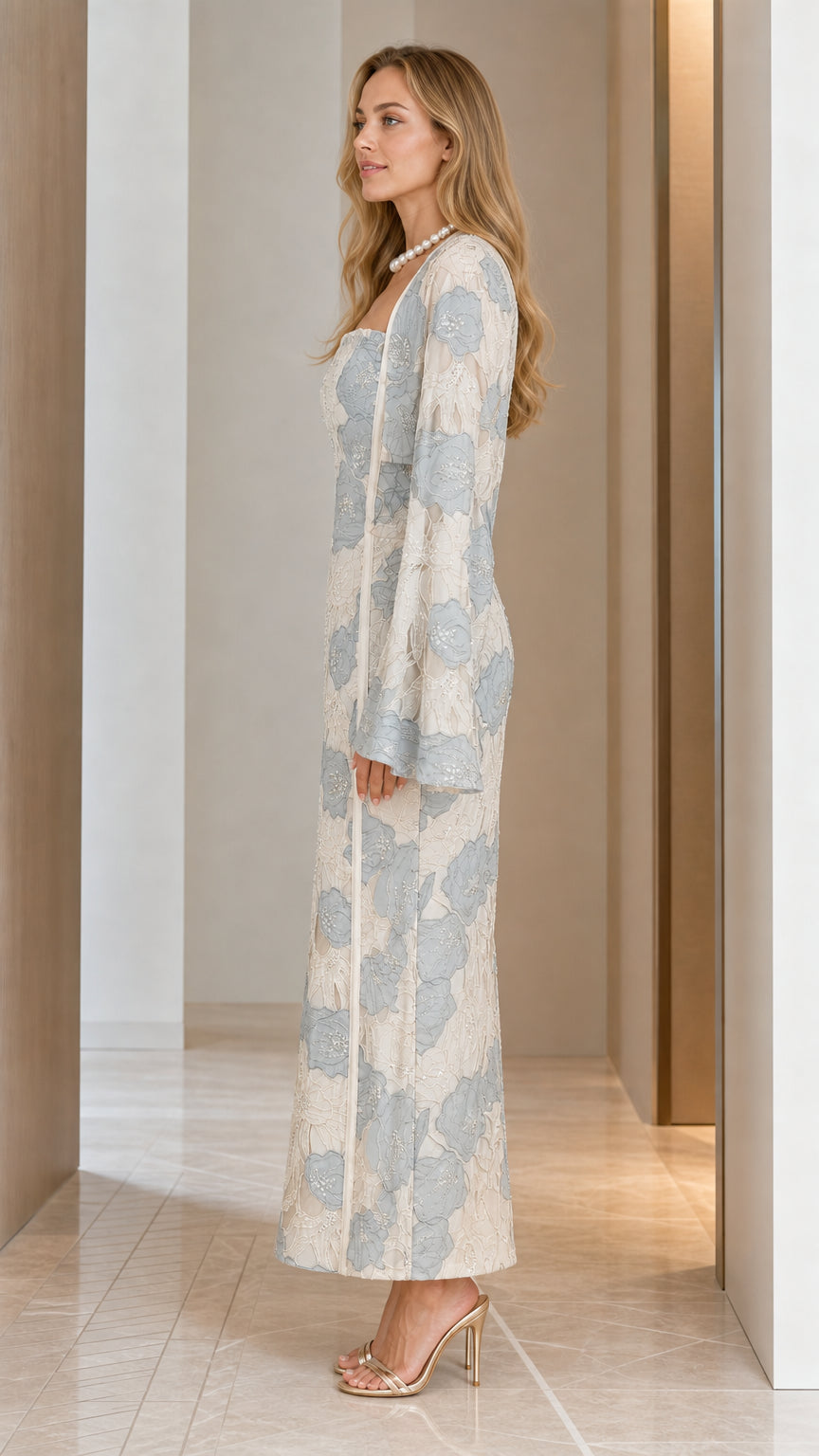 Side profile view of champagne floral dress set