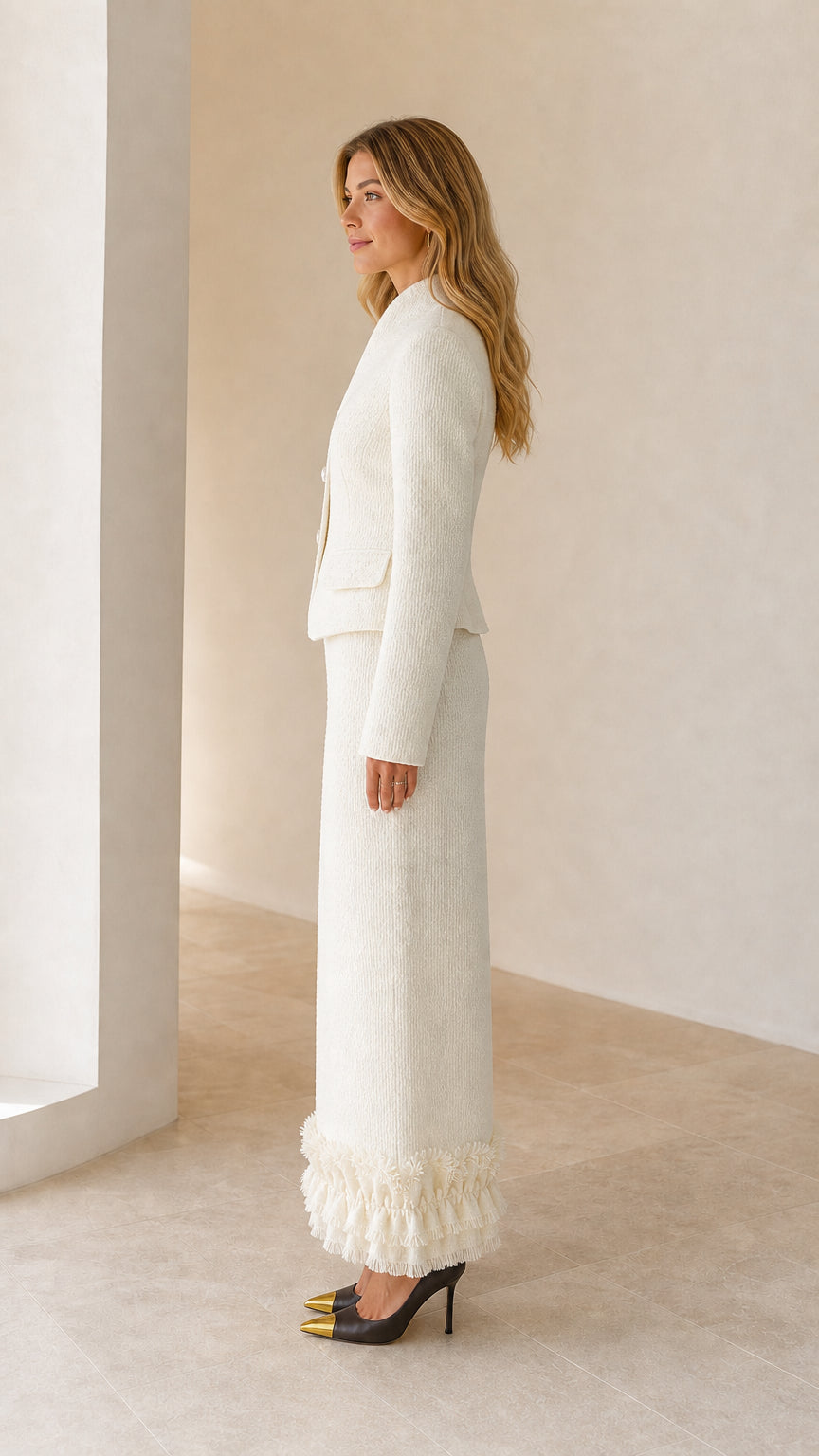 Model wearing white tweed set from the side profile