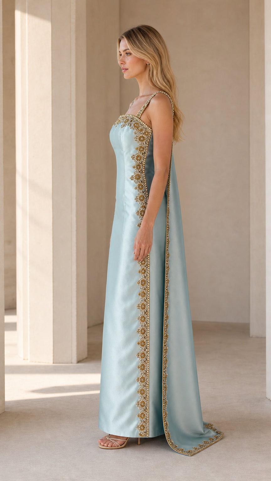 Side profile of Light Blue embellished cape maxi dress