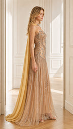 Side profile view of champagne evening gown