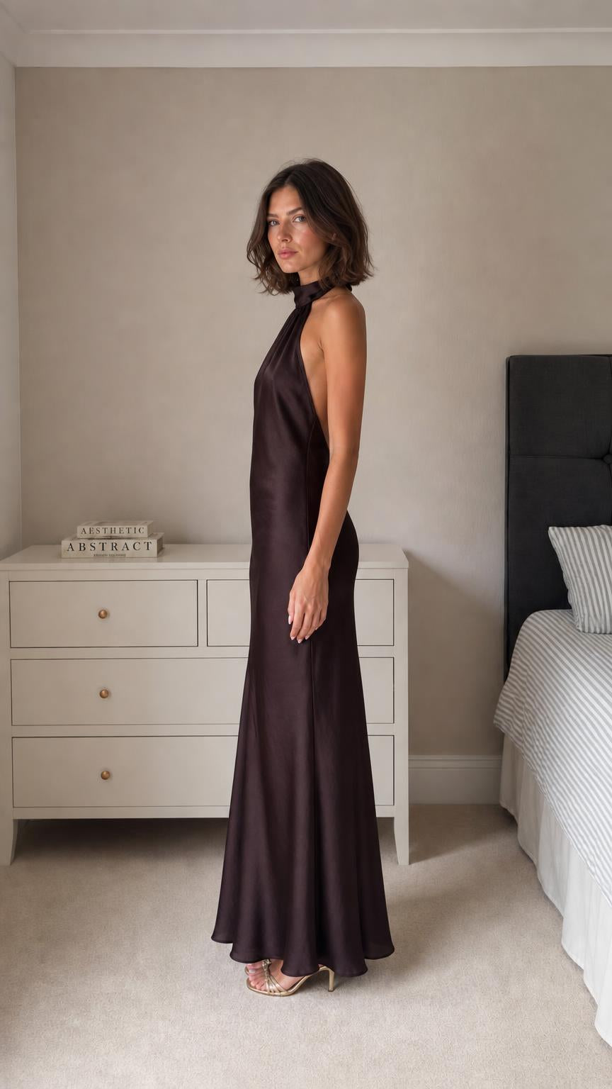 Model wearing dark brown satin maxi dress side profile