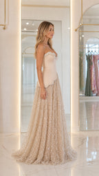 Side profile view of champagne evening gown
