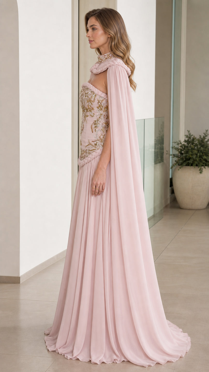 Side profile of Blush Pink formal gown