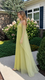Side profile view of lime evening dress