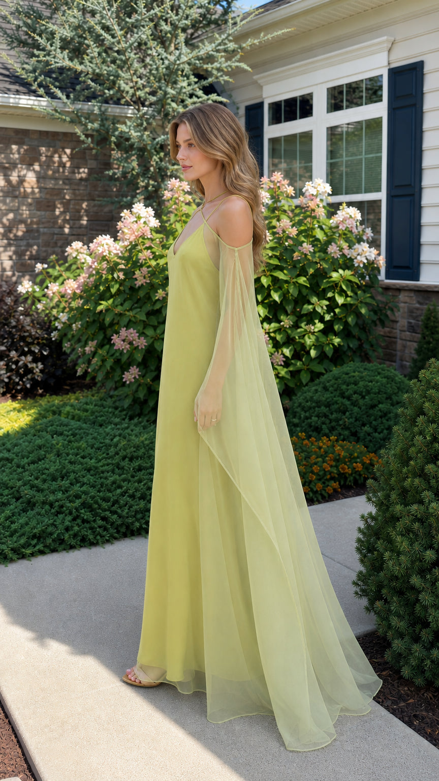 Side profile view of lime evening dress