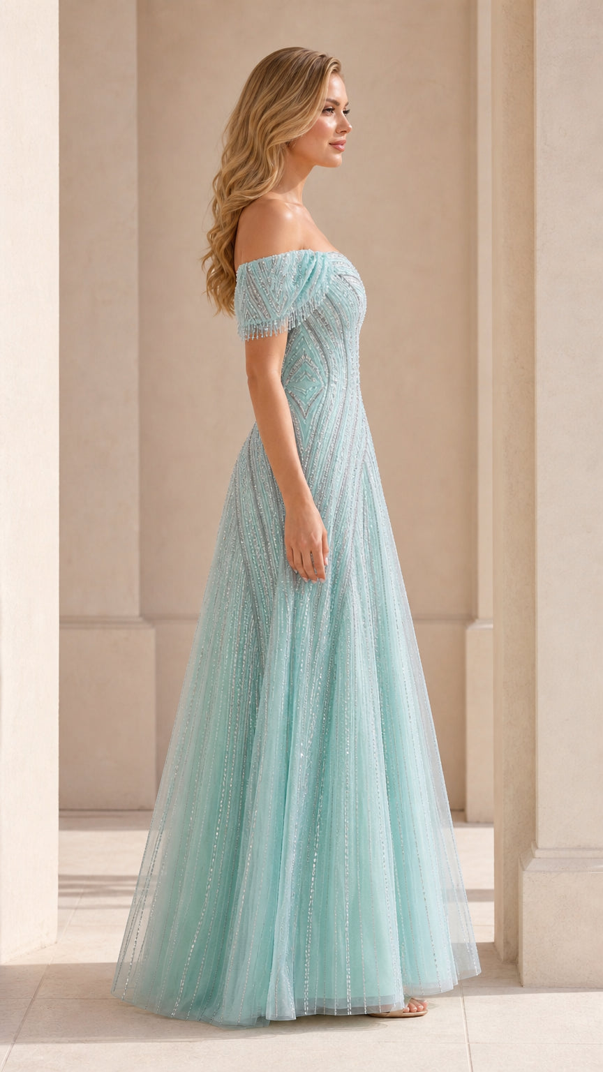 Side view of mint embellished formal dress