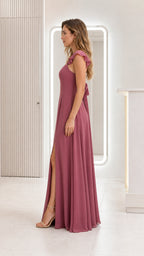 Side profile view of mauve evening dress