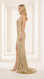 Side profile view of the gold sequin evening dress