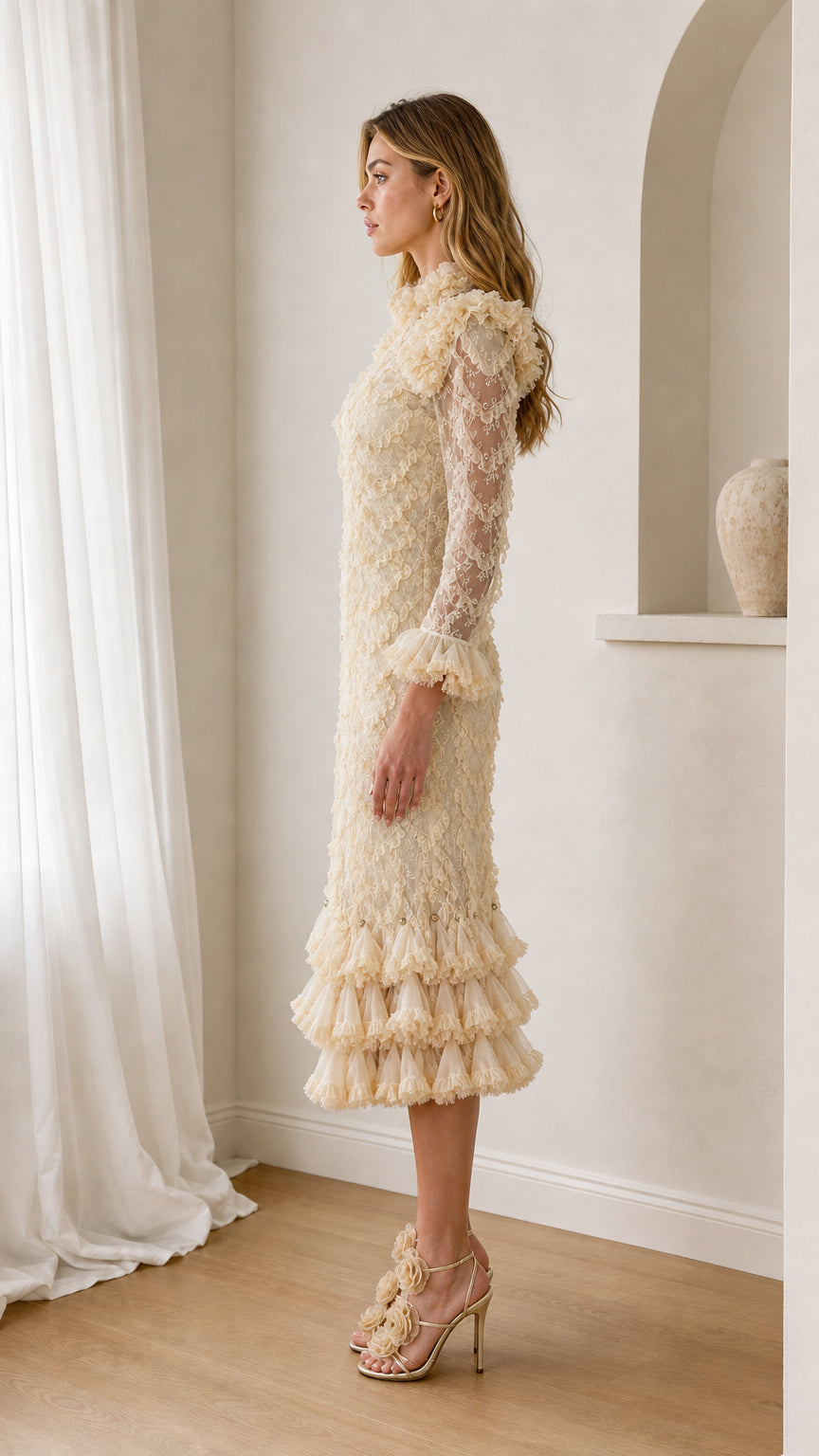 Side profile of cream lace midi dress