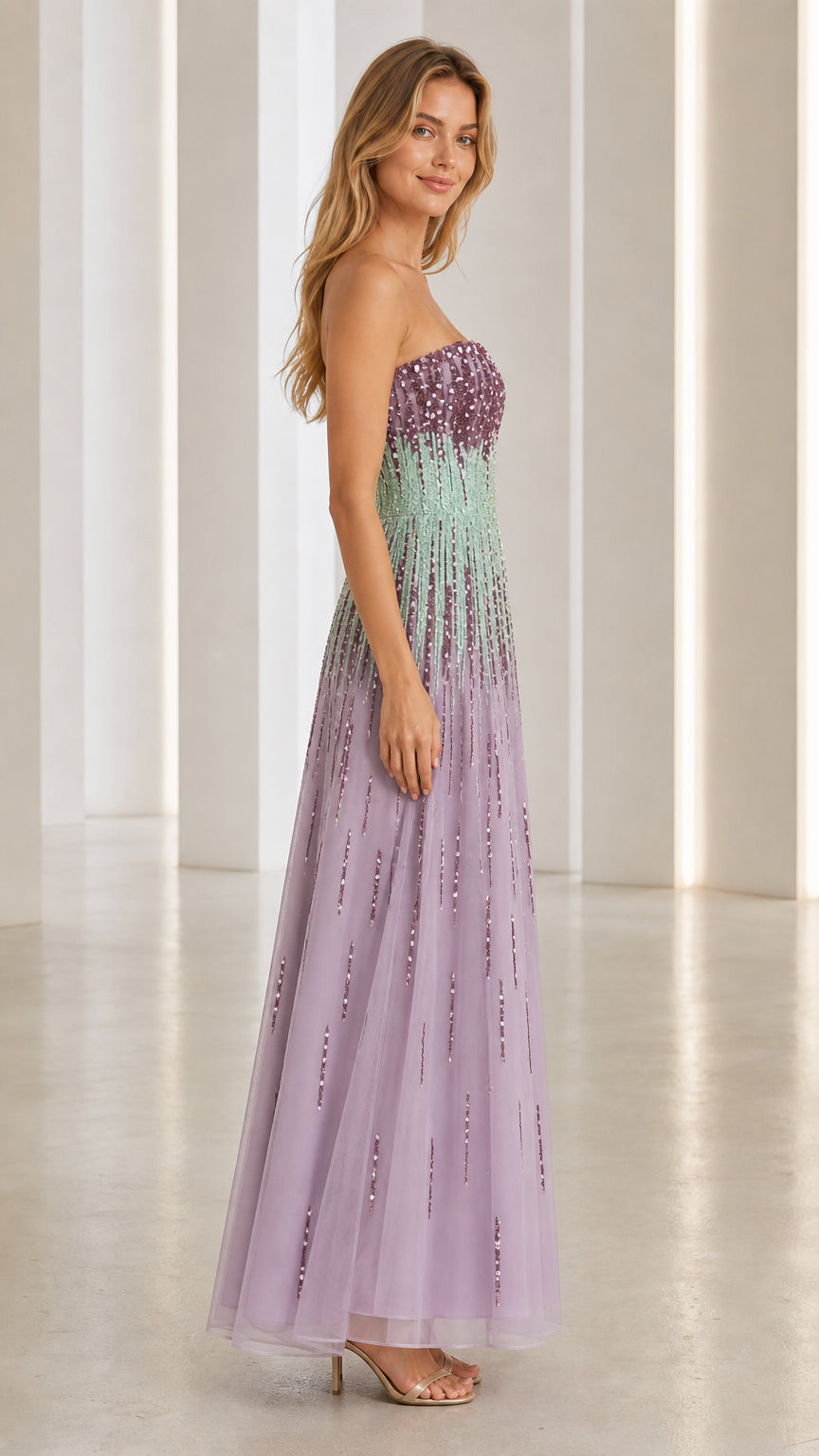 Side view of model in lavender sequin gown