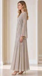 Side profile of model in taupe evening gown