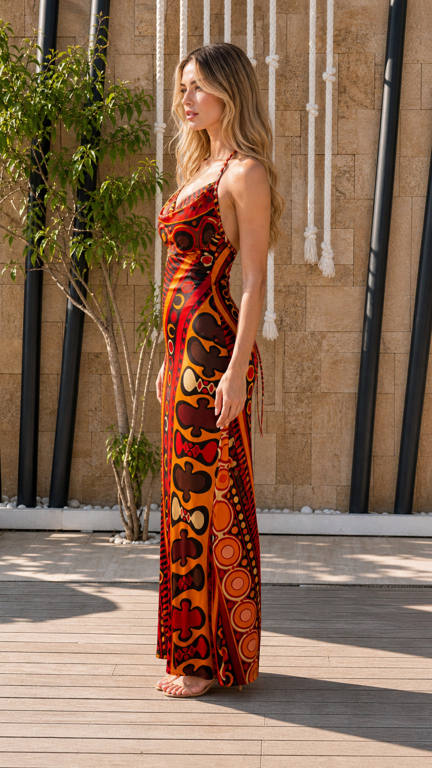 Side profile view of Red Multi maxi dress