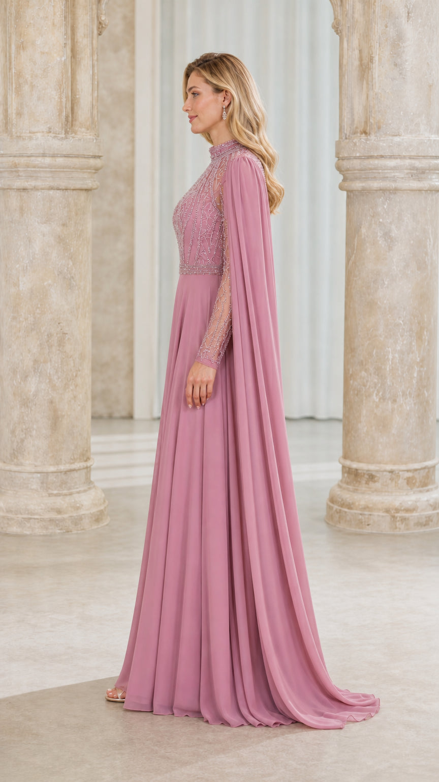 Side profile view of mauve formal gown