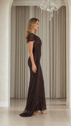 Side profile view of brown sequin formal gown