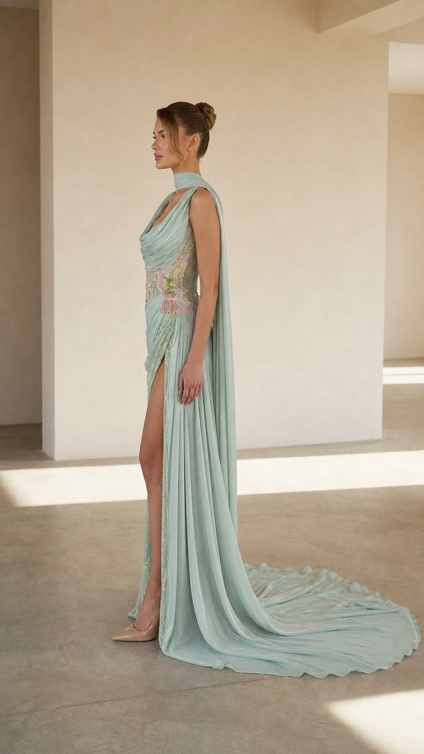 Side profile view of mint green evening gown with shoulder cape