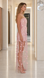 Side profile view of pink sequin dress