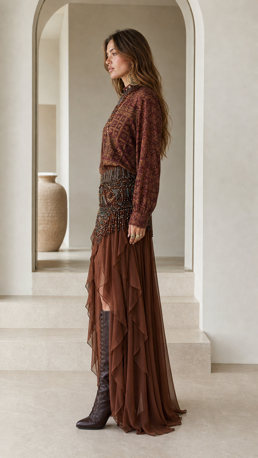 Side profile of model in brown boho matching set