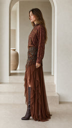 Side profile of model in brown boho matching set