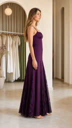 Side profile view of purple maxi dress