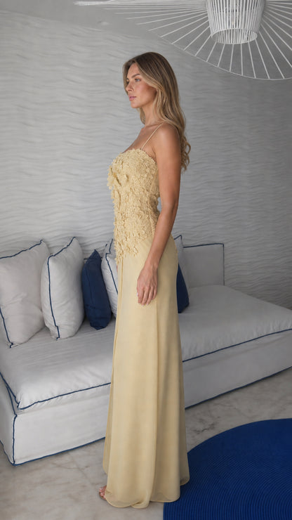 Side profile view of yellow maxi dress