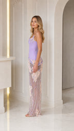 Side profile view of lavender evening gown