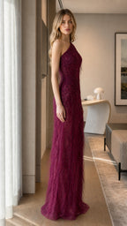 Burgundy One-Shoulder Beaded Formal Evening Dress Side View